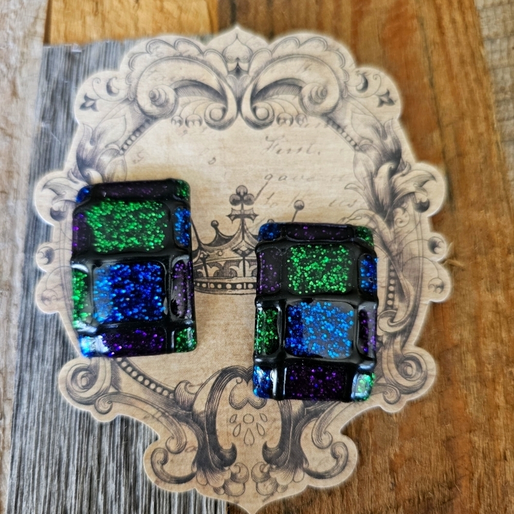 Vintage 1980's Retangle Post Earrings Black Green Blue Pink Glitter